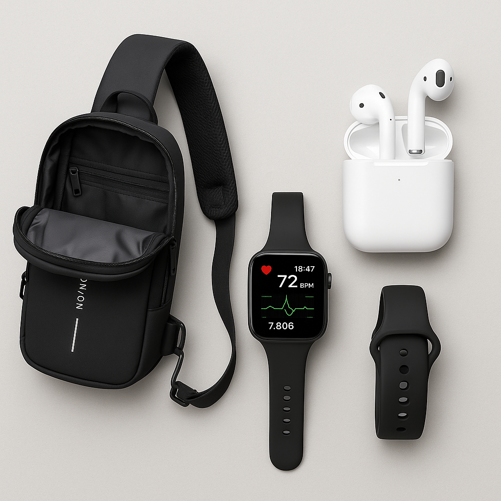 🚀 Bolso Antirrobo + Audífonos 5 Pro + Reloj T500 — Tu día, en modo smart