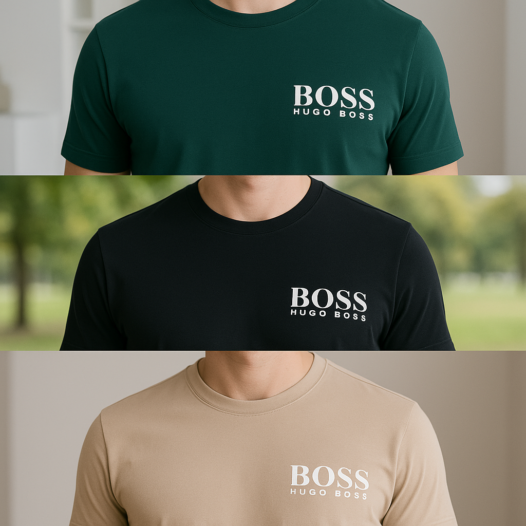 🔥 BOSS PACK: Estilo y fragancia que imponen presencia (3 camisetas Hugo Boss + 1 loción Acqua di Giò)