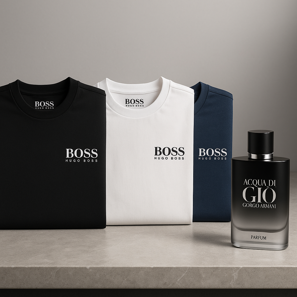 🔥 BOSS PACK: Estilo y fragancia que imponen presencia (3 camisetas Hugo Boss + 1 loción Acqua di Giò)