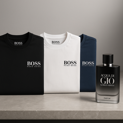 🔥 BOSS PACK: Estilo y fragancia que imponen presencia (3 camisetas Hugo Boss + 1 loción Acqua di Giò)