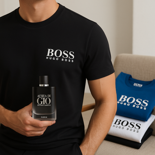 🔥 BOSS PACK: Estilo y fragancia que imponen presencia (3 camisetas Hugo Boss + 1 loción Acqua di Giò)